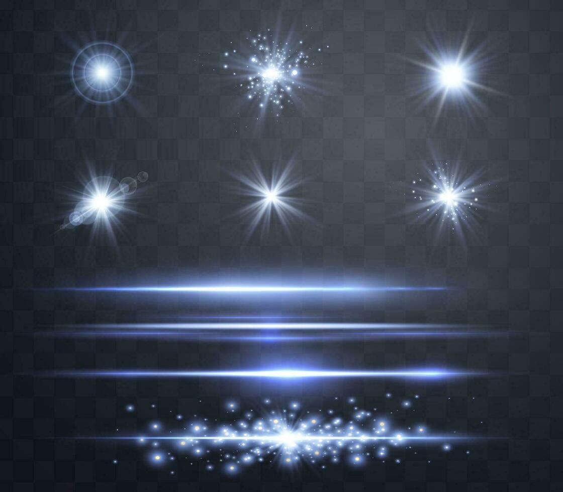 Blue lensflares set. Light flash with rays or blue spotlight. Glow flare light effect. Vector illustration