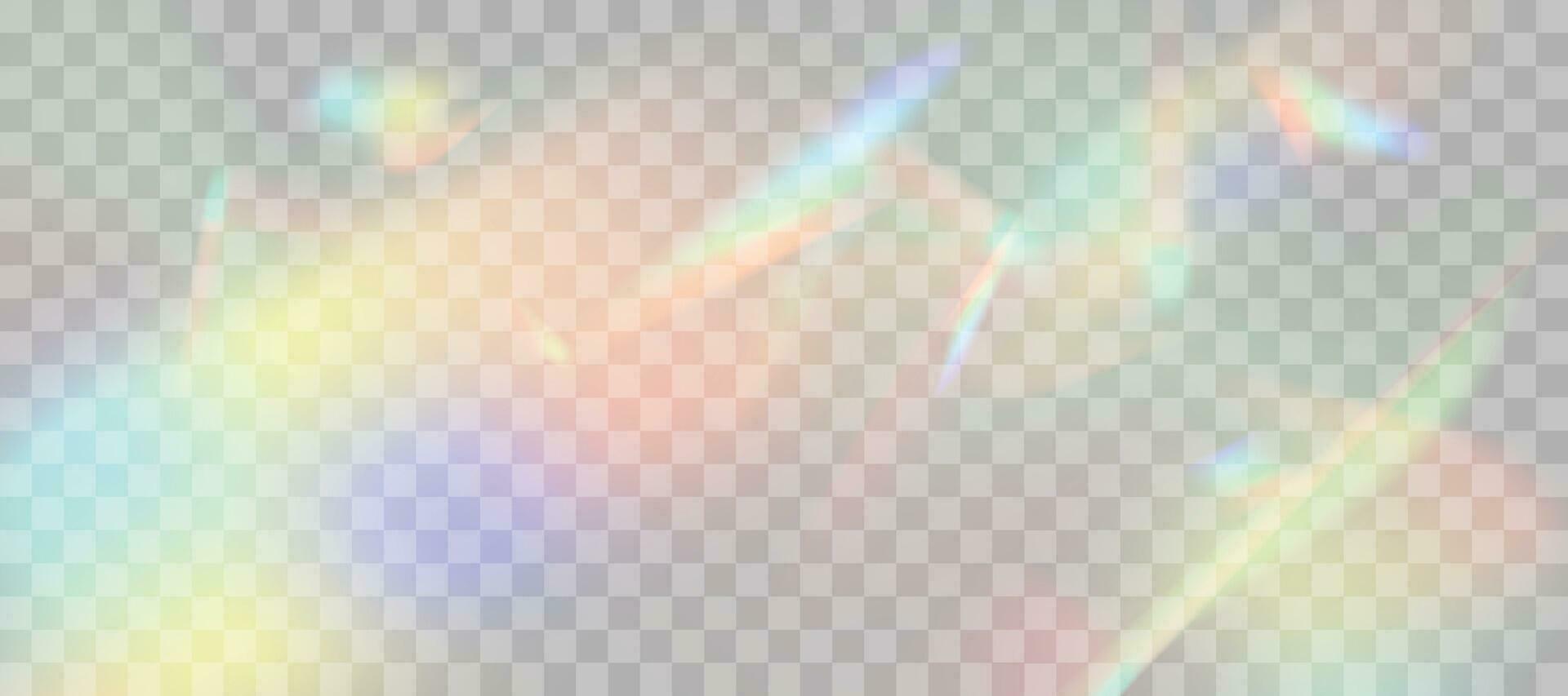 Blurred rainbow refraction overlay effect. Light lens prism effect. Holographic reflection, crystal flare leak shadow overlay. Vector abstract illustration.