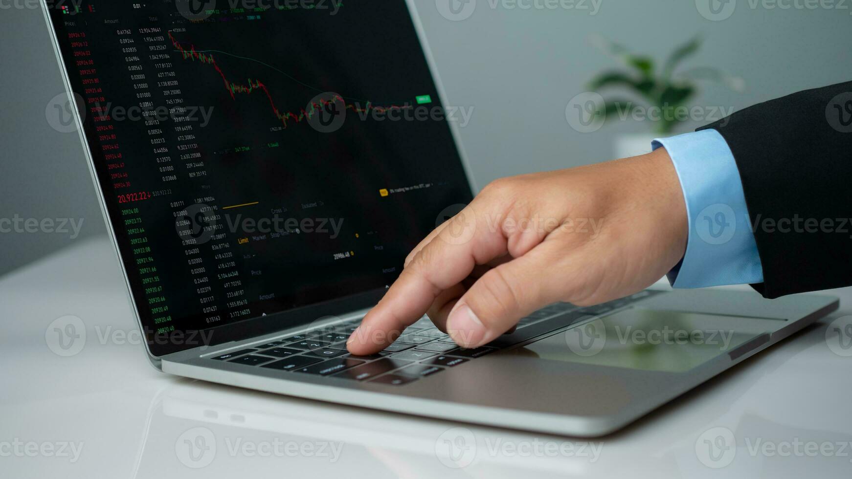 Businessman uses laptop for financial growth, analyzing stock market chart investment strategy, profit trade management and planning technology enhances economic network connections, copy space. photo