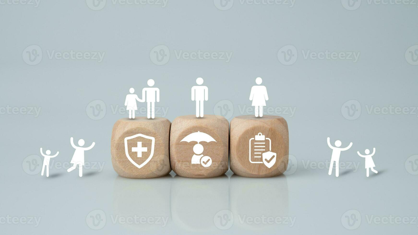 Concept of health insurance and medical benefits. Wooden blocks with icons printed on them. Health insurance and access to treatment, health care planning. photo