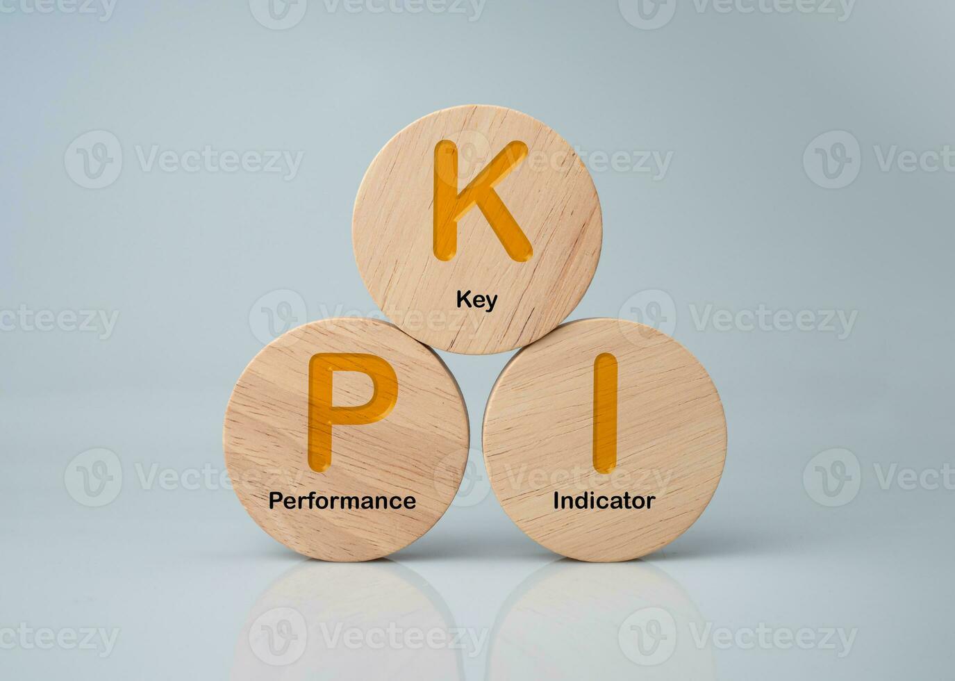 A wooden circular board printed with the abbreviation KPI on a white background represents indicators and KPIs to improve organizational performance, marketing, corporate financial strategies. photo