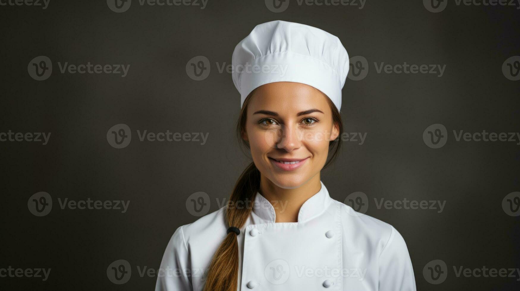 Female chef isolated on dark background. Generative AI. photo