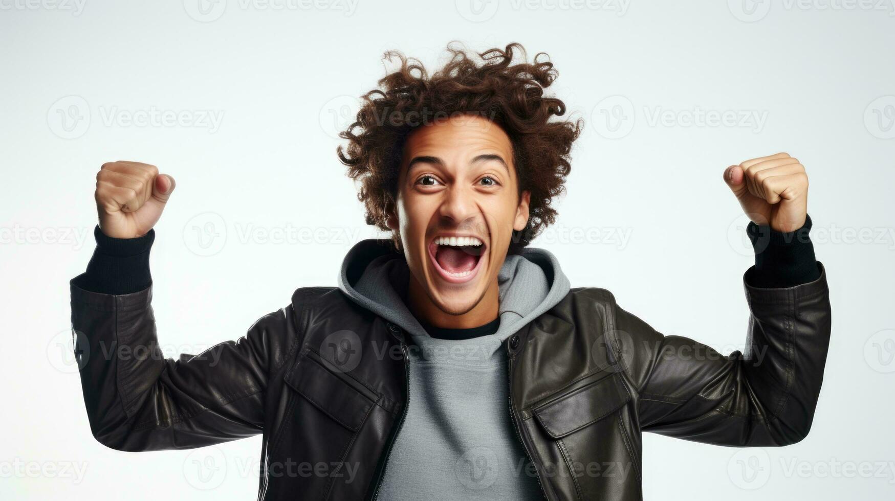 retrato de alegre alegre hombre acuerdo manos arriba celebrando logro aislado en blanco antecedentes. generativo ai. foto