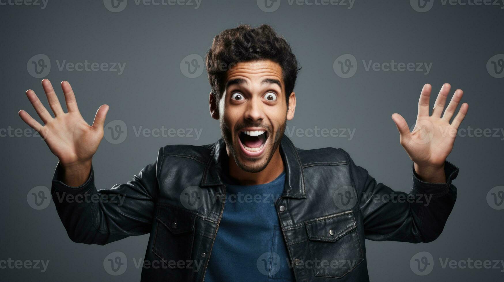 Portrait of cheerful joyful man keeping hands up celebrating achievement isolated on gray background. Generative AI. photo