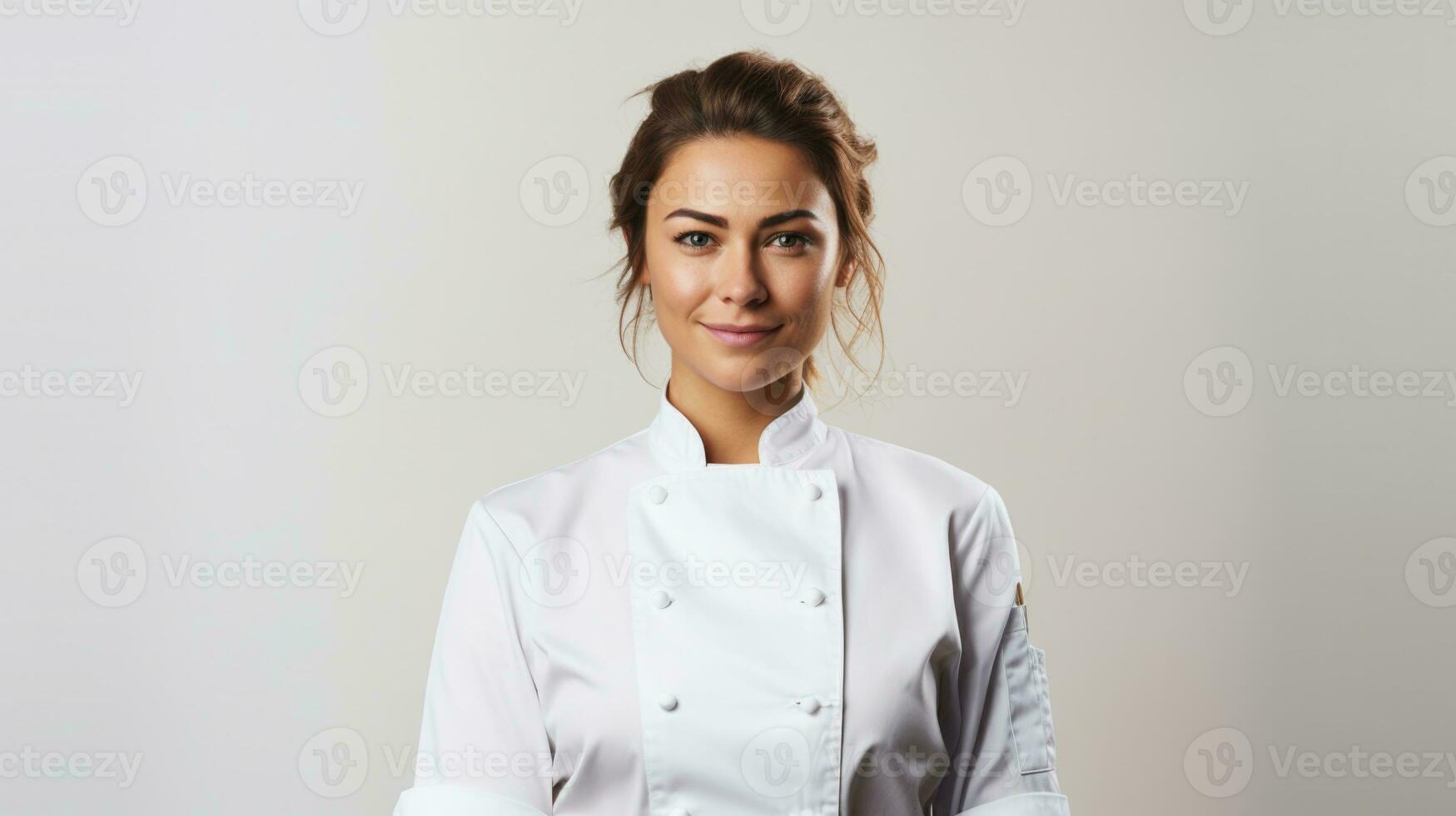 Female chef isolated on white background. Generative AI. photo