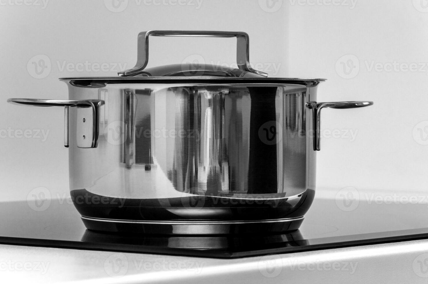 Stainless steel cooking pot on the induction stove photo