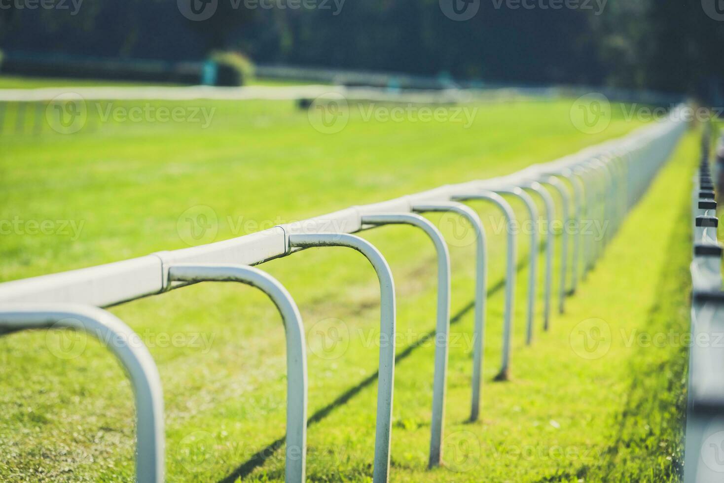 Empty horse race track with green grass and white fence photo