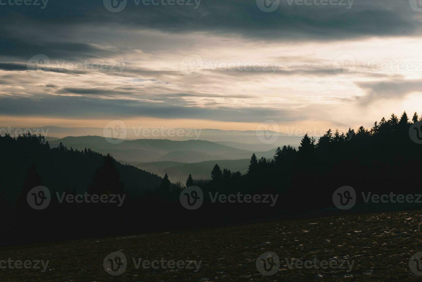 Soft fog in the mountains during sunset photo