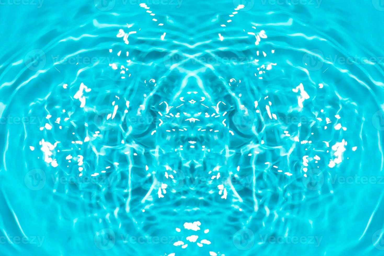 Defocus blurred transparent blue colored clear calm water surface texture with splashes reflection. Trendy abstract nature background. Water waves in sunlight with copy space. Blue watercolor shine. photo