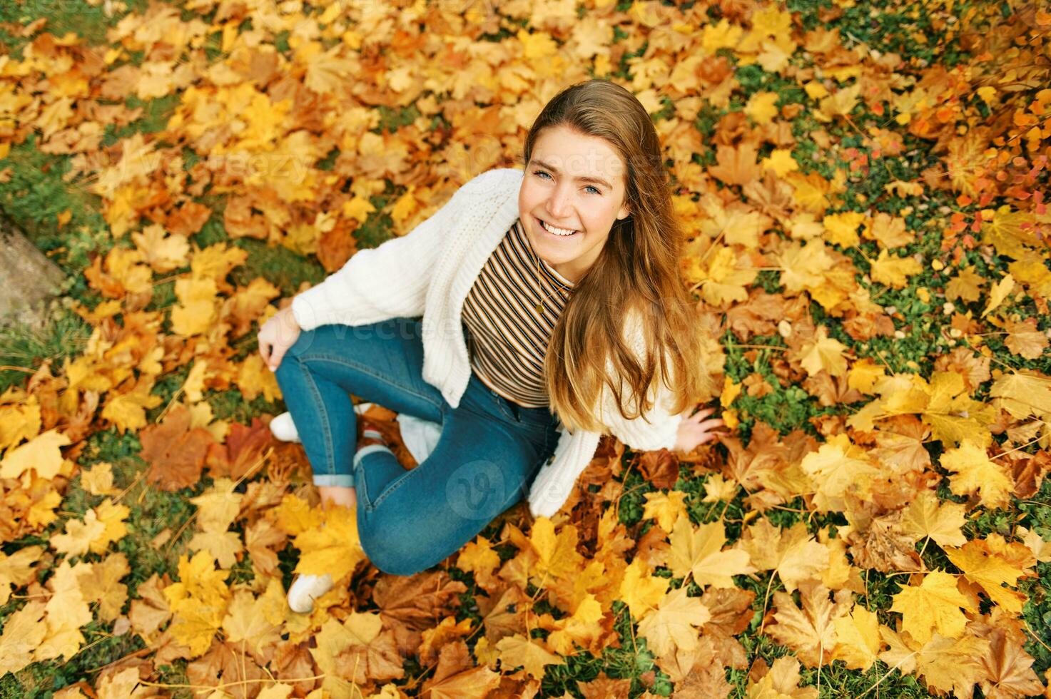 parte superior ver otoño retrato de contento joven hembra modelo niña sentado en amarillo hojas, mirando Derecho a cámara foto