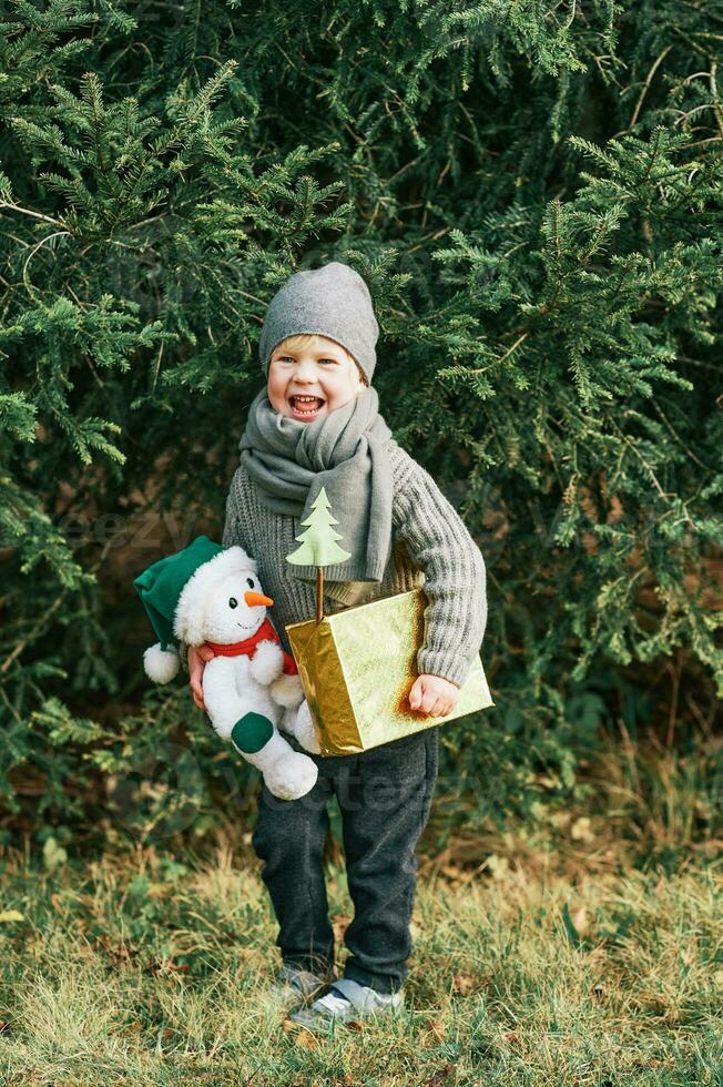 al aire libre Navidad retrato de adorable pequeño chico foto