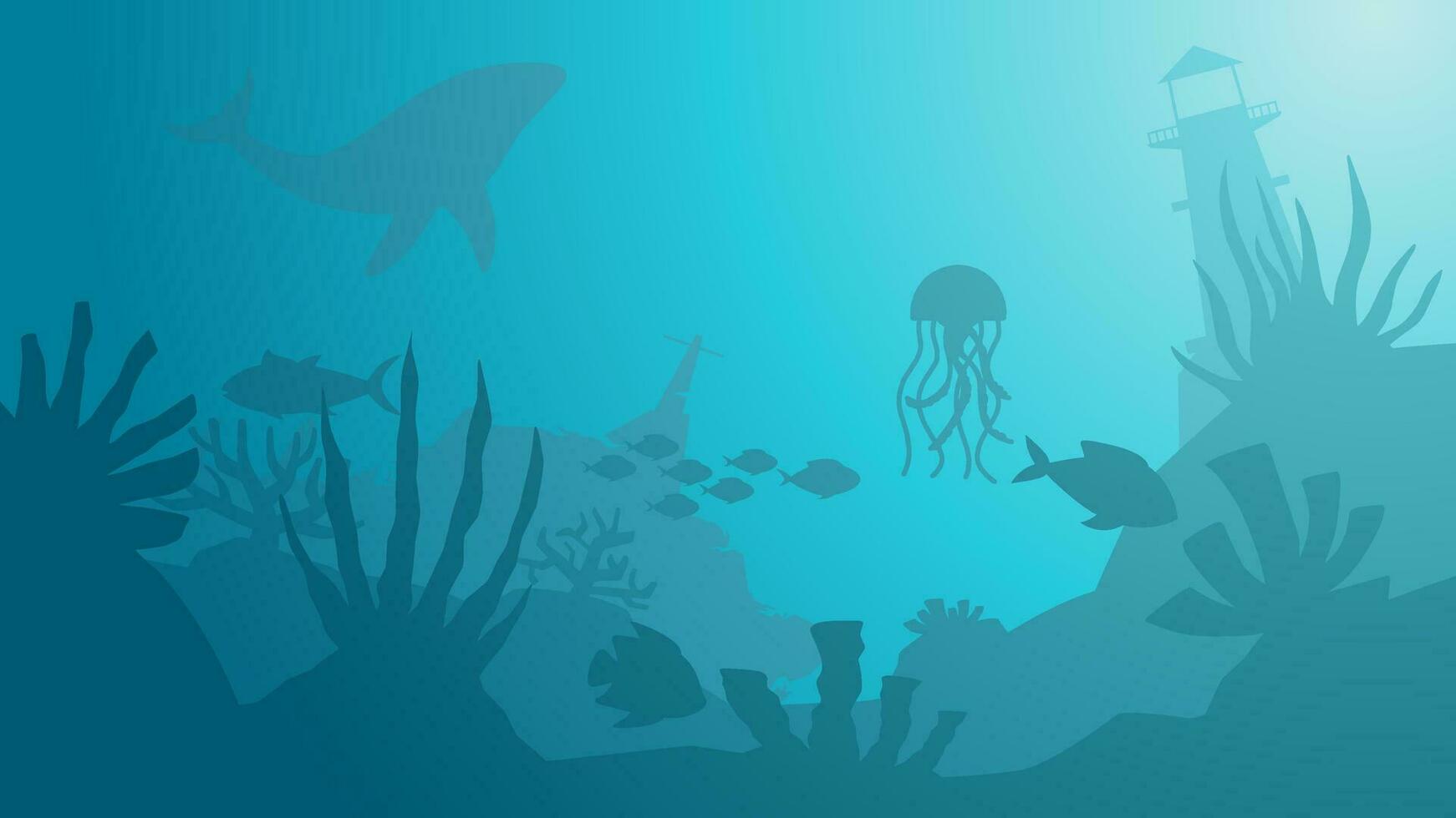 Seascape vector illustration. Scenery of sunken lighthouse and shipwreck at the bottom of the sea. Sea world silhouette for background, wallpaper or illustration. Undersea coral reef and fish panorama