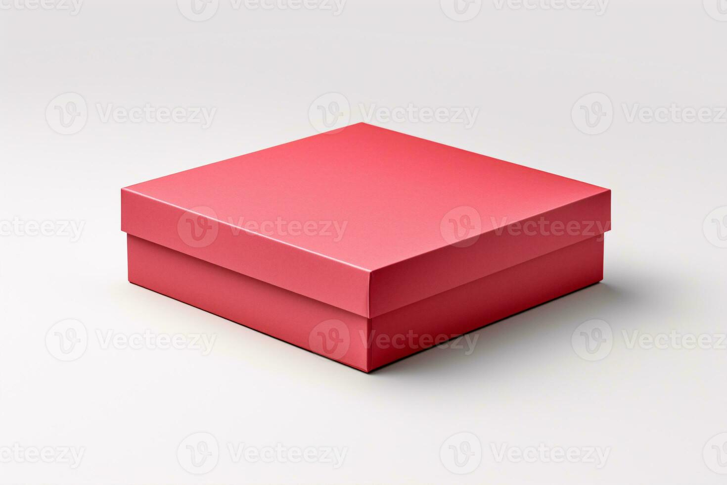 Isolated white background showcases a 3D-illustrated packaging box mockup template with a red, plain, square paper box. photo