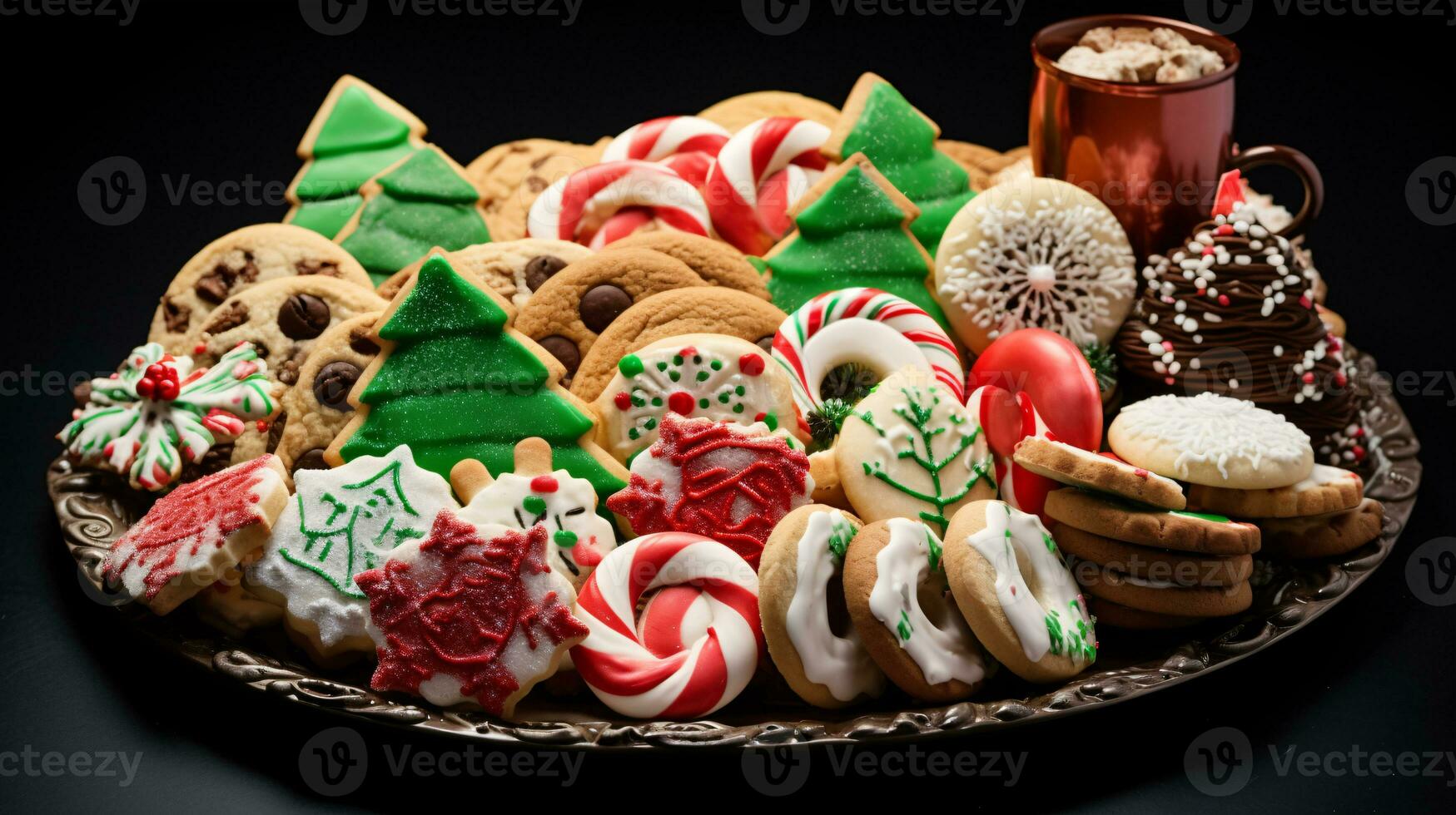 Mouthwatering assortment of deliciously decorated Christmas gingerbread ginger cookies. Different colors. Xmas presents advertising. photo