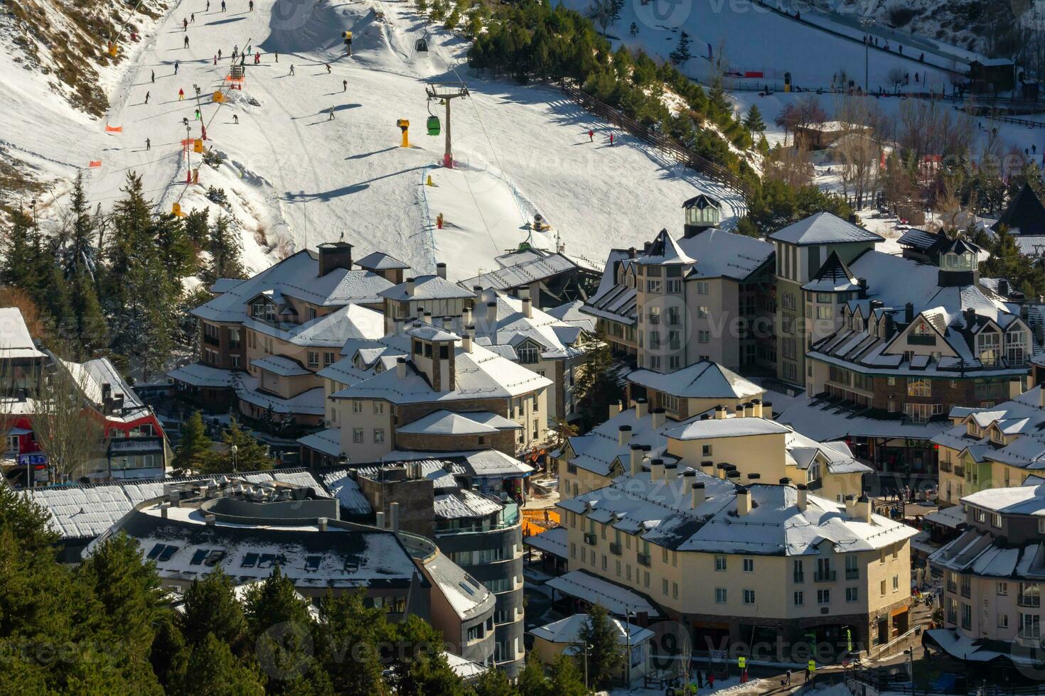 panoramic aerial view of the ski resort infrastructure in sierra nevada,granada,spain, temporary seasonal concept photo