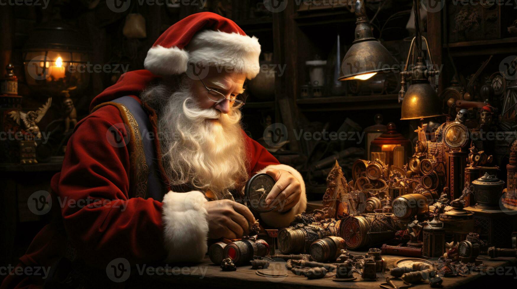 AI generated Santa's Workshop Santa Claus busy in his workshop filled with toys, surrounded by colorful presents waiting to be delivered on Christmas Eve. photo