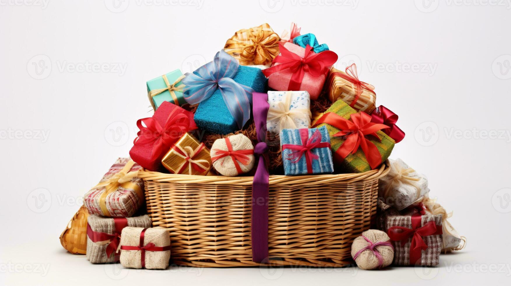 A rattan container overflowing with presents isolated on a plain background. photo