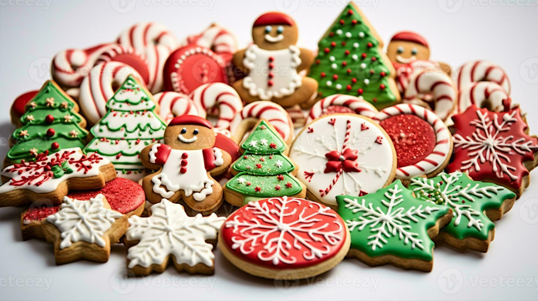 Mouthwatering assortment of deliciously decorated Christmas gingerbread ginger cookies. Different colors. Xmas presents advertising. photo