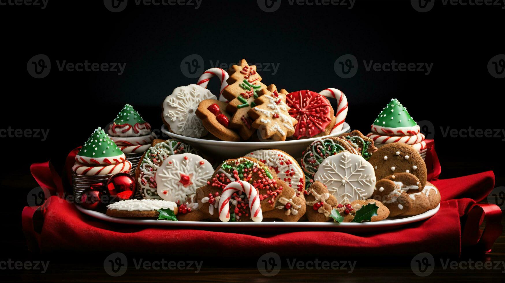 Mouthwatering assortment of deliciously decorated Christmas gingerbread ginger cookies. Different colors. Xmas presents advertising. photo