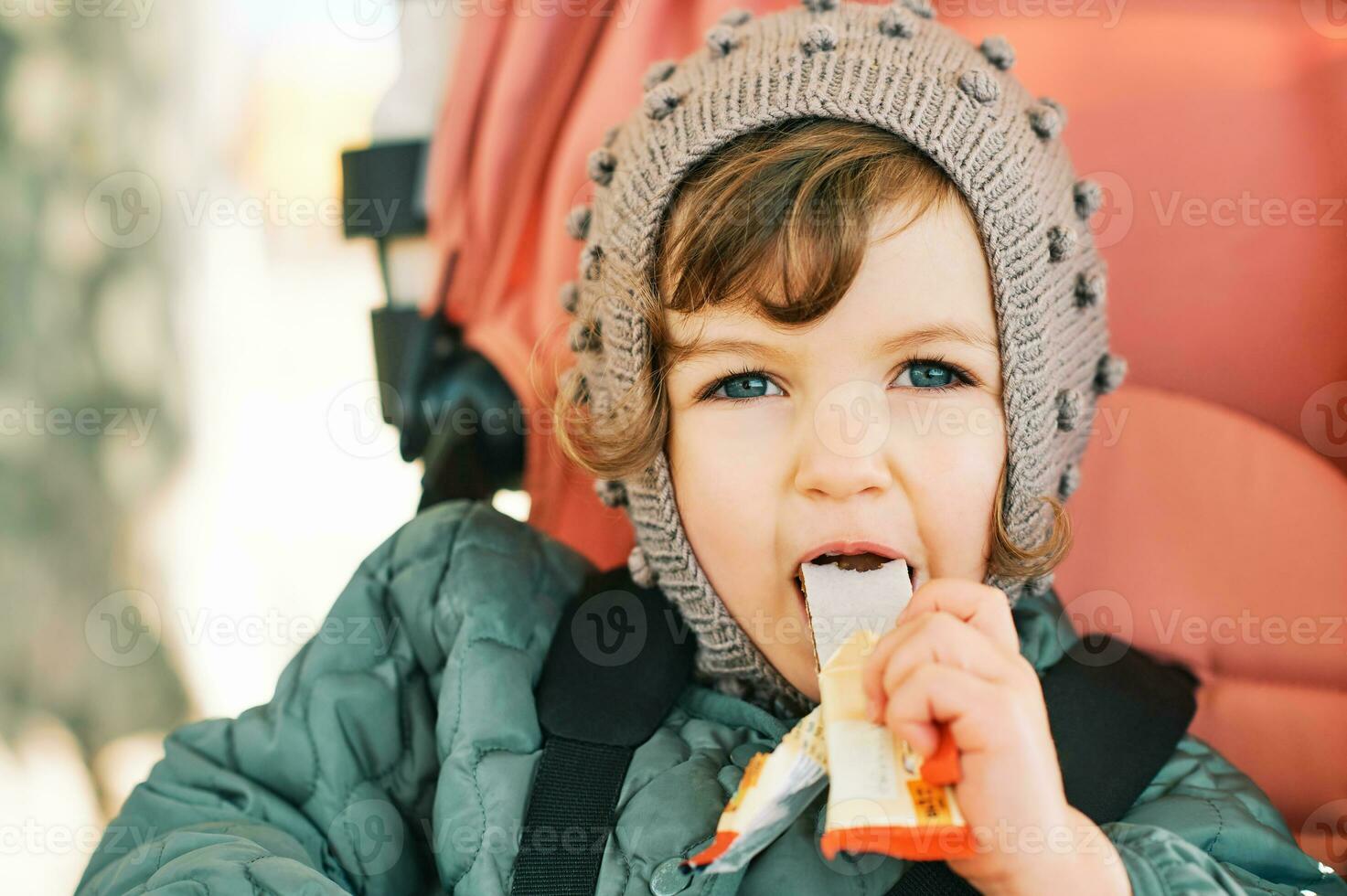Happy toddler kid eating fruit bar, healthy snack, sitting in stroller photo