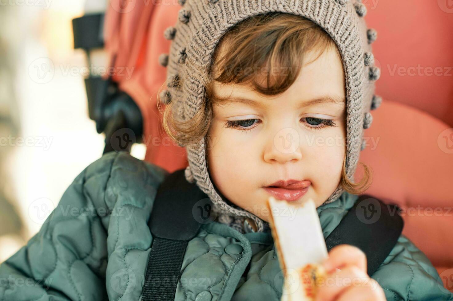 Happy toddler kid eating fruit bar, healthy snack, sitting in stroller photo