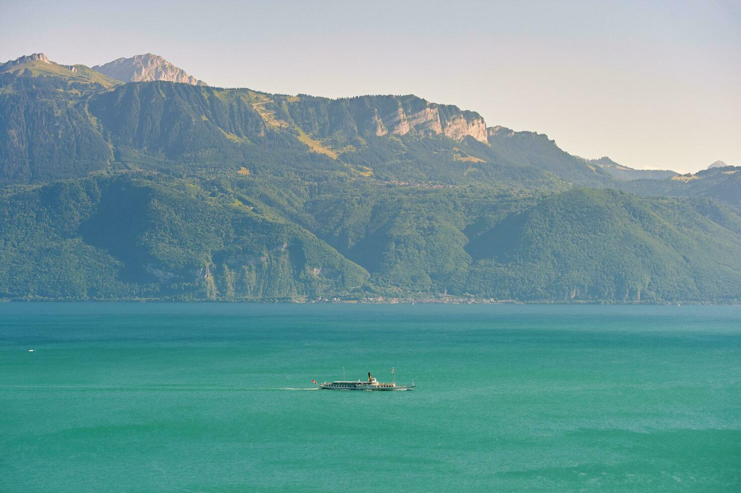 vapor barco con suizo bandera flotante en lago Ginebra o laca hombre, Suiza foto