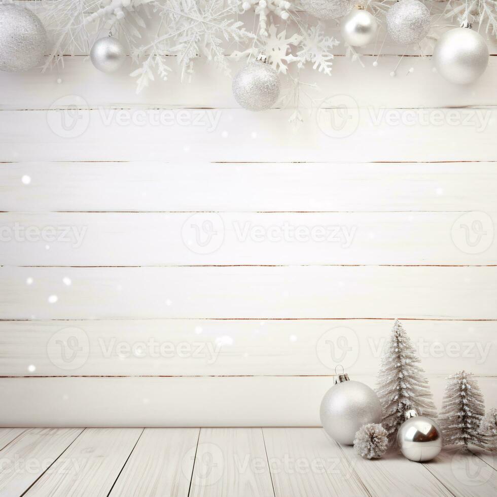 A white wooden desk displays a festive backdrop. photo