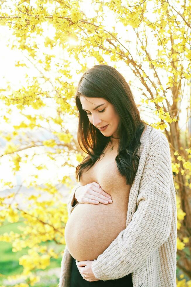 al aire libre retrato de hermosa embarazada mujer conmovedor barriga, posando siguiente a floreciente primavera flores foto