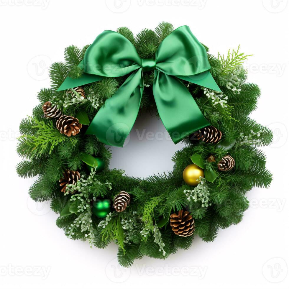 A festive green wreath isolated against a white backdrop. photo