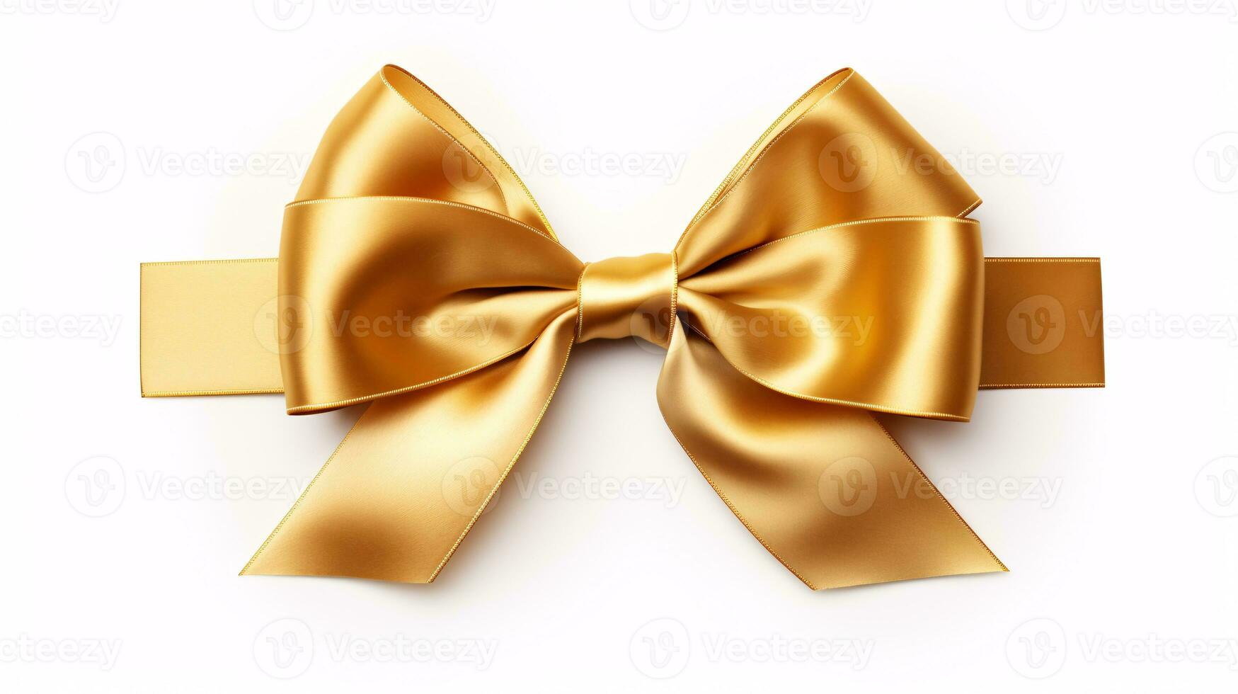 An ornamental gold bow with ribbon sitting on a pristine white background, perfect to commemorate a Christmas, Valentine's Day, or birthday. photo