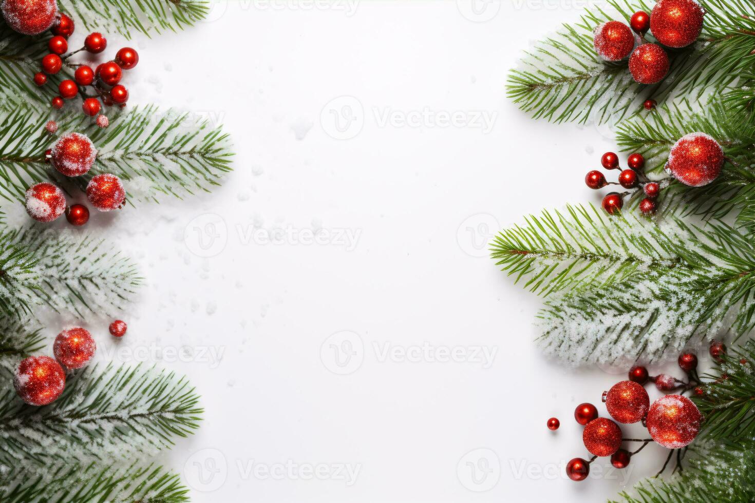 A festive postcard featuring a flat-laid composition of fir branches and red and green adornments on a white backdrop - ideal for Christmas and New Year festivities. photo