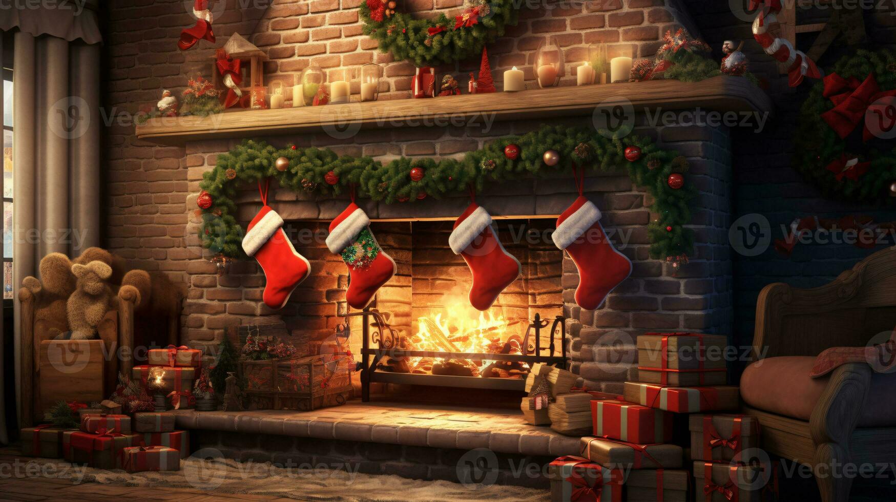 Cozy fireplace adorned with stockings and garlands, creating a warm and inviting atmosphere photo