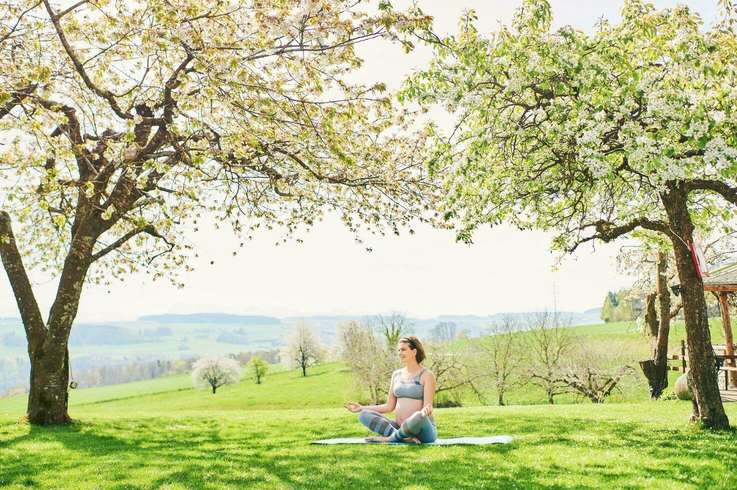 Outdoor portrait of happy young pregnant woman practicing youga in spring garden under blooming apple trees, healthy lifestyle photo