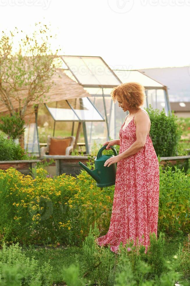 Outdoor portrait of beautiful middle age woman watering plants in garden, wearing red dress, happiness and healthy lifestyle photo