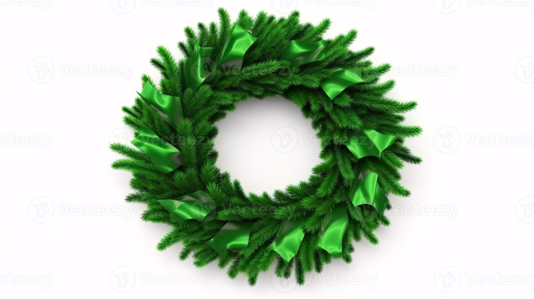 A gloriously green, holiday-themed wreath stands isolated against a pristine white background. photo