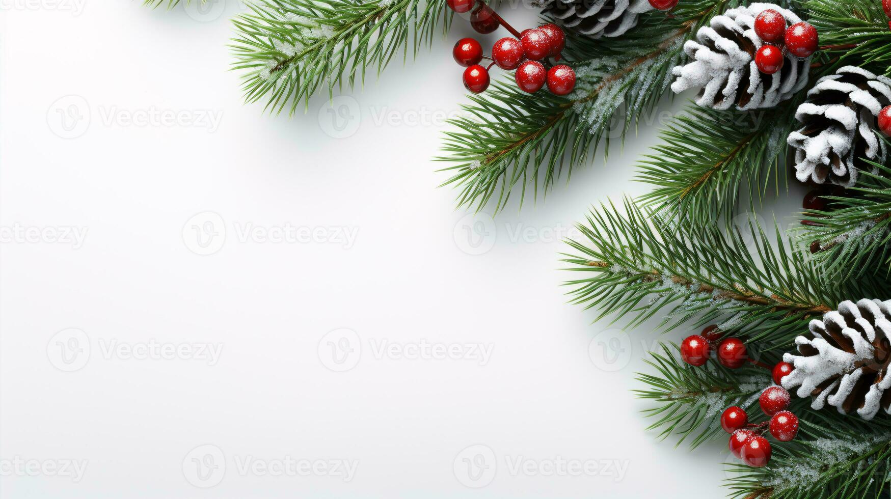 A festive postcard on a white background featuring fir tree branches, red  green decorations Christmas New Year photo