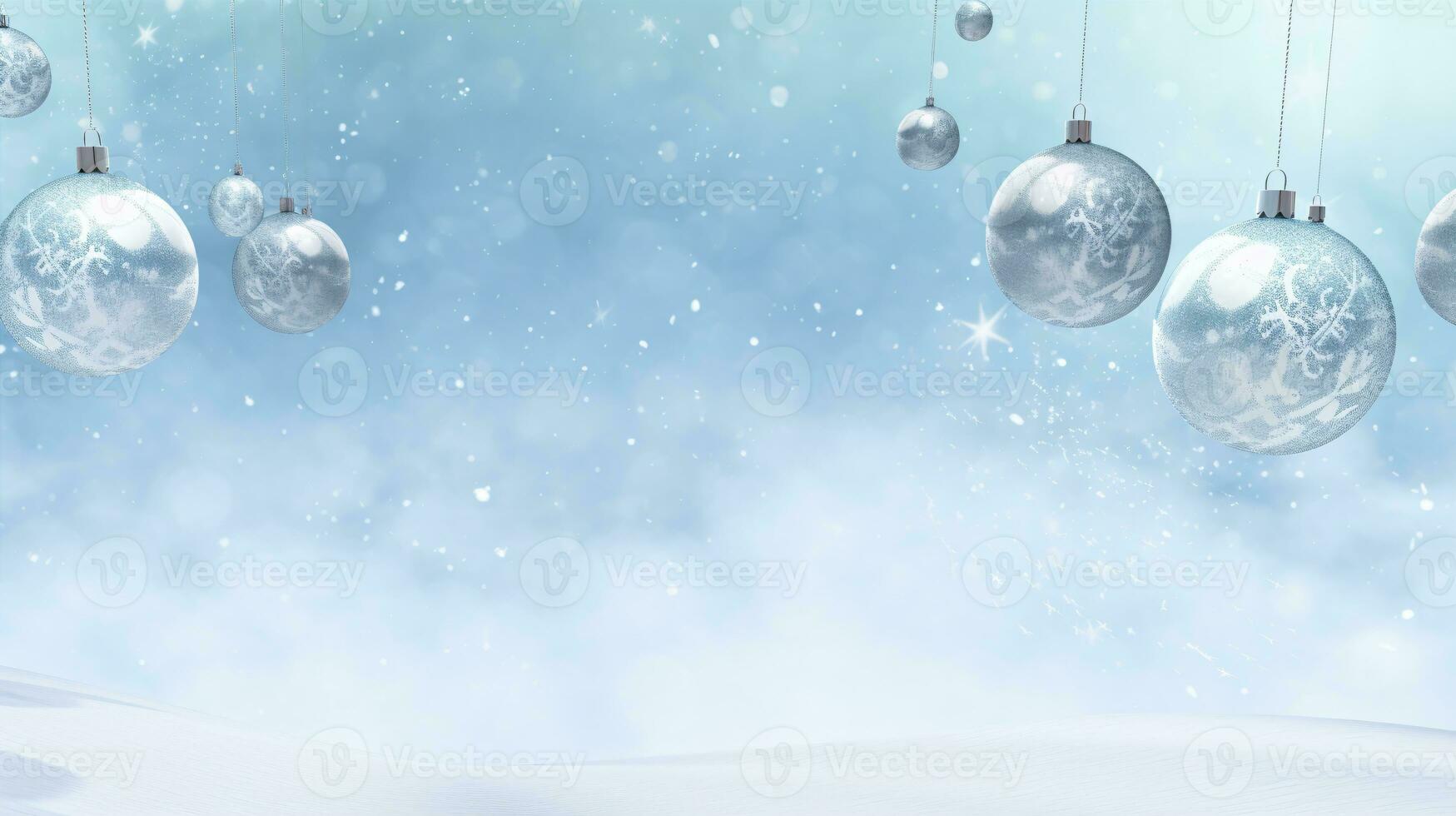 Sparkling Christmas ornaments Christmas balls on a snowy background. Copy space. photo