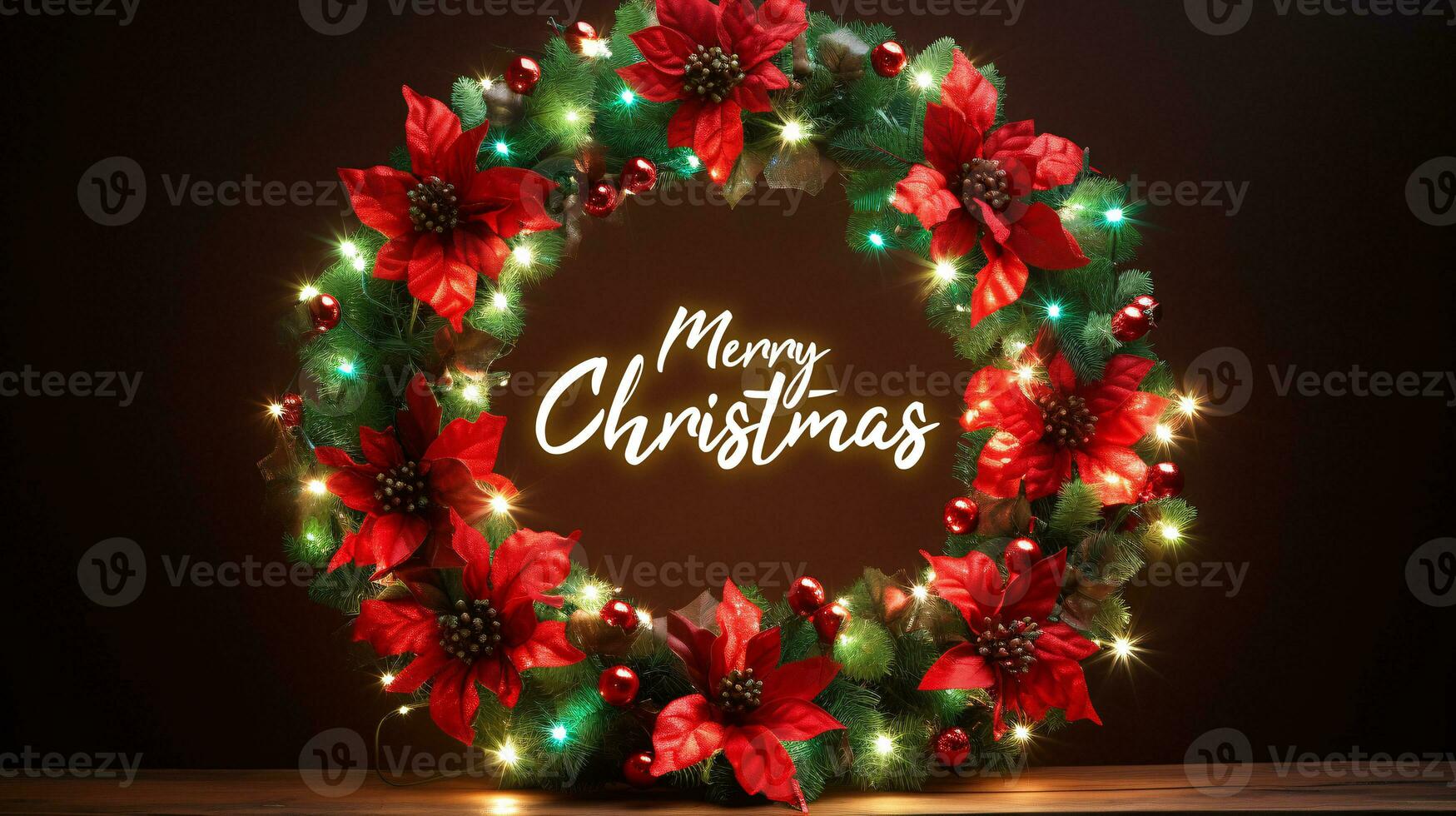 Vibrant red and green Christmas wreath with twinkling lights, signaling the arrival of joyous celebrations photo