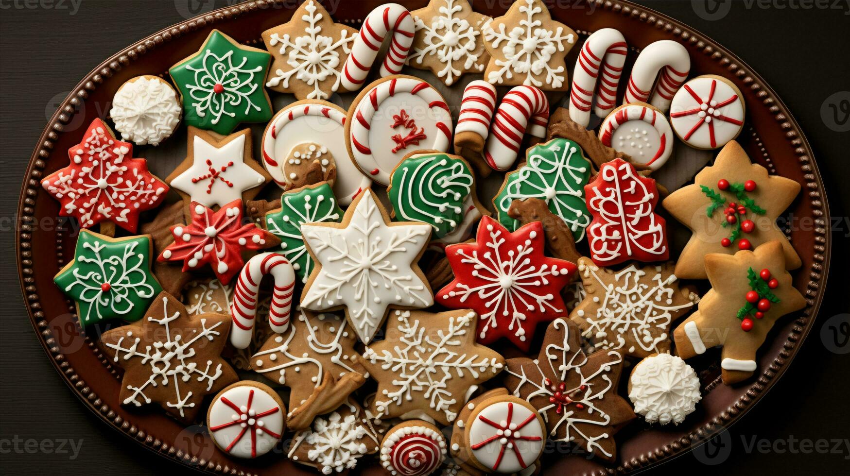 Mouthwatering assortment of deliciously decorated Christmas gingerbread ginger cookies. Different colors. Xmas presents advertising. photo