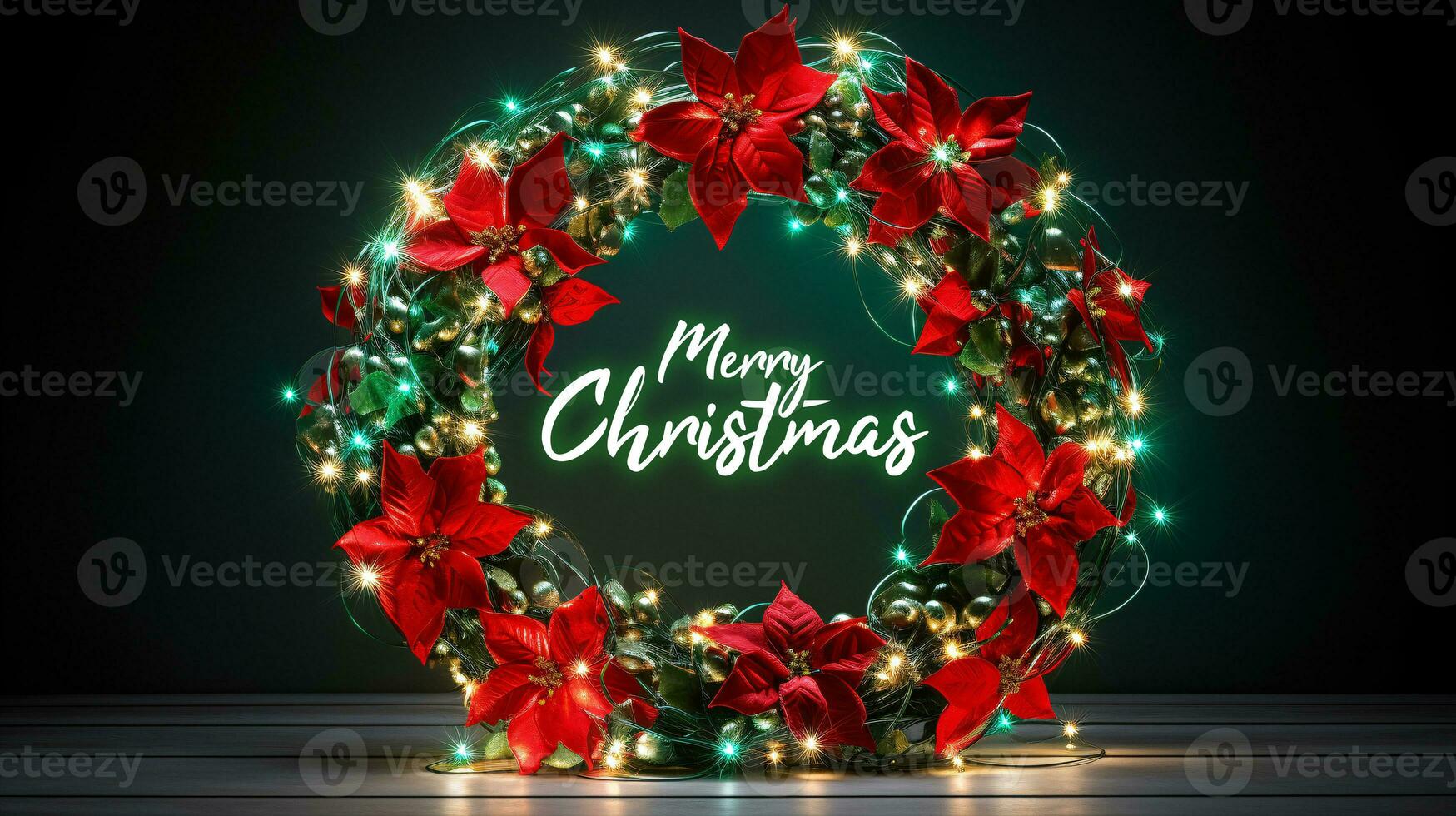 Vibrant red and green Christmas wreath with twinkling lights, signaling the arrival of joyous celebrations photo