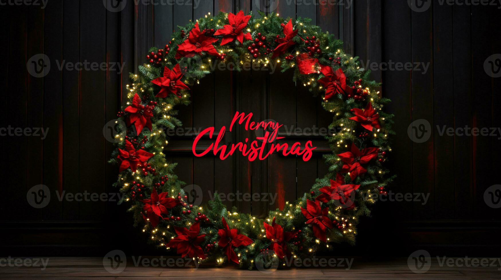 Vibrant red and green Christmas wreath with twinkling lights, signaling the arrival of joyous celebrations photo