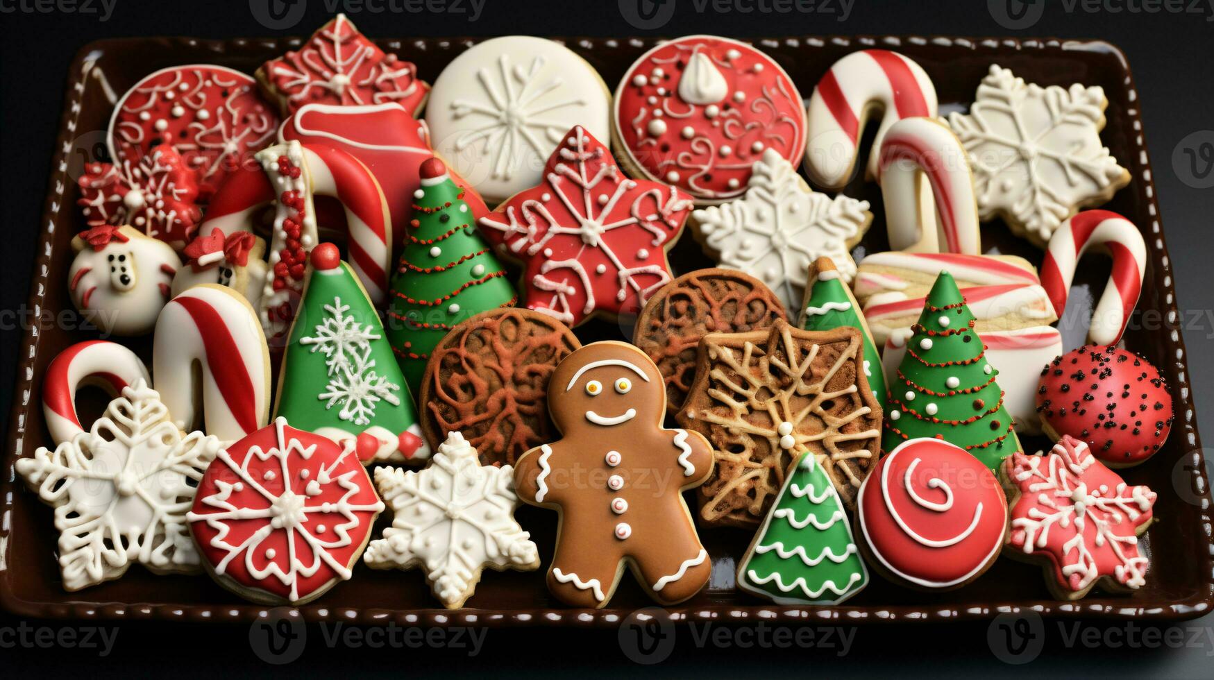 Mouthwatering assortment of deliciously decorated Christmas gingerbread ginger cookies. Different colors. Xmas presents advertising. photo