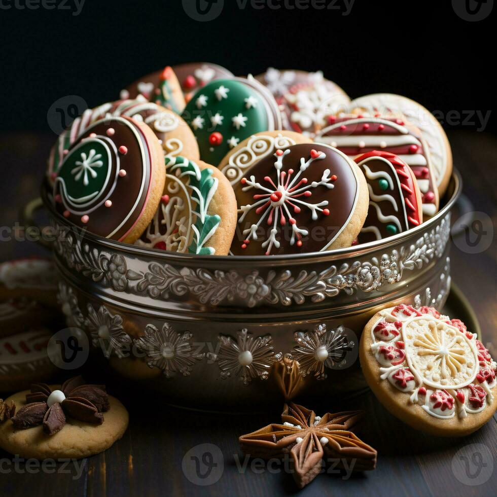 Mouthwatering assortment of deliciously decorated Christmas gingerbread ginger cookies. Different colors. Xmas presents advertising. photo