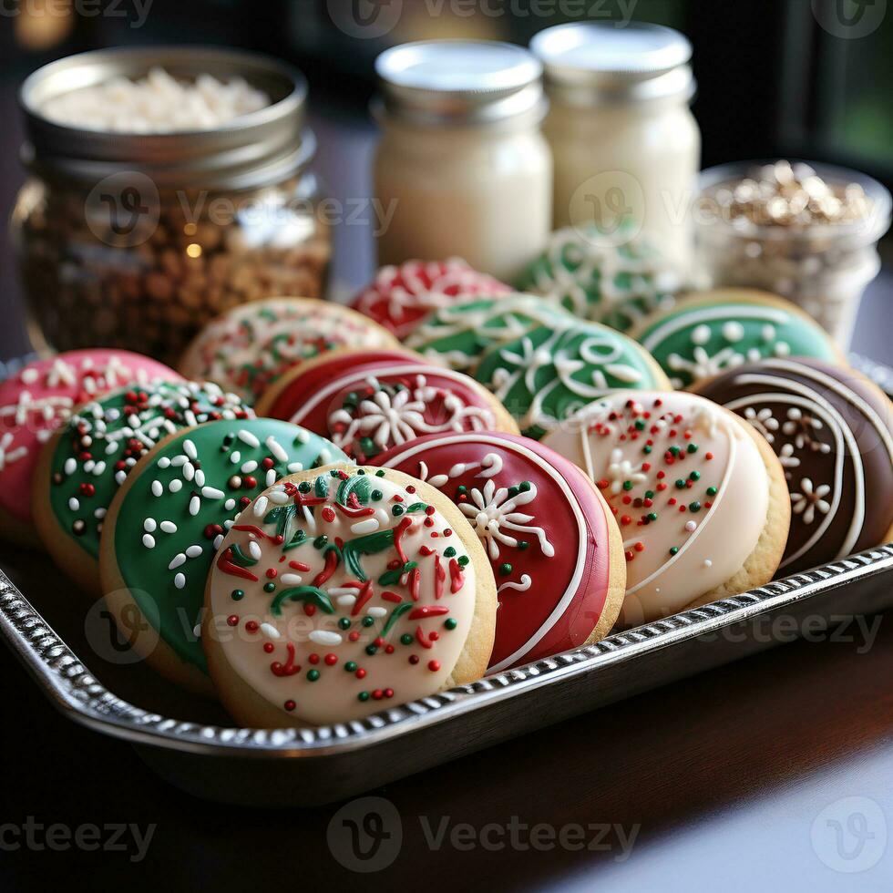 Mouthwatering assortment of deliciously decorated Christmas gingerbread ginger cookies. Different colors. Xmas presents advertising. photo