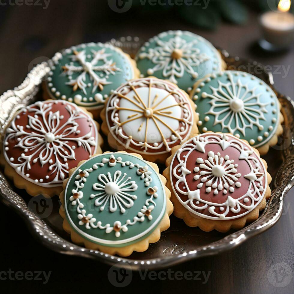 Mouthwatering assortment of deliciously decorated Christmas gingerbread ginger cookies. Different colors. Xmas presents advertising. photo