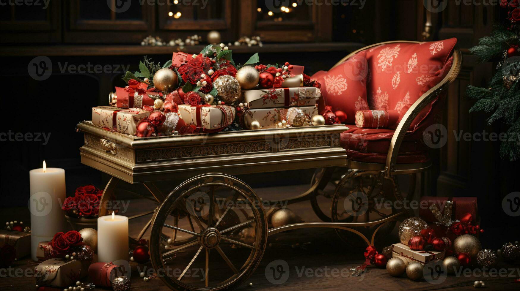 Christmas feeling. Charming vintage sleigh filled with beautifully wrapped gifts, evoking nostalgic feelings of anticipation and wonder photo