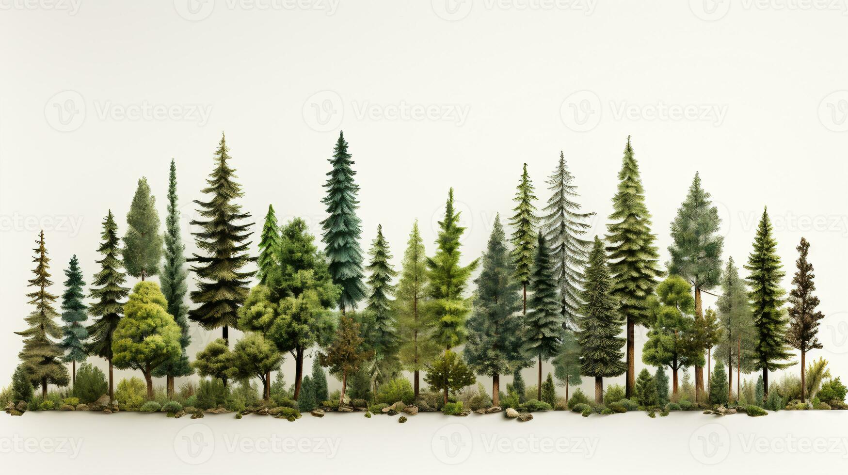 Different coniferous trees on a pale background. photo