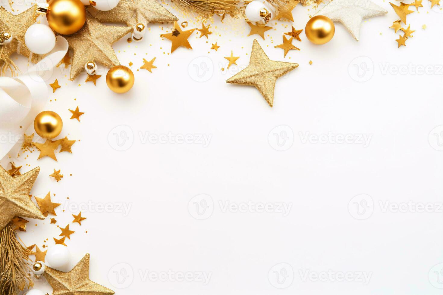 A festive postcard-ready scene of golden Christmas decorations on white background offers plenty of space for text. photo