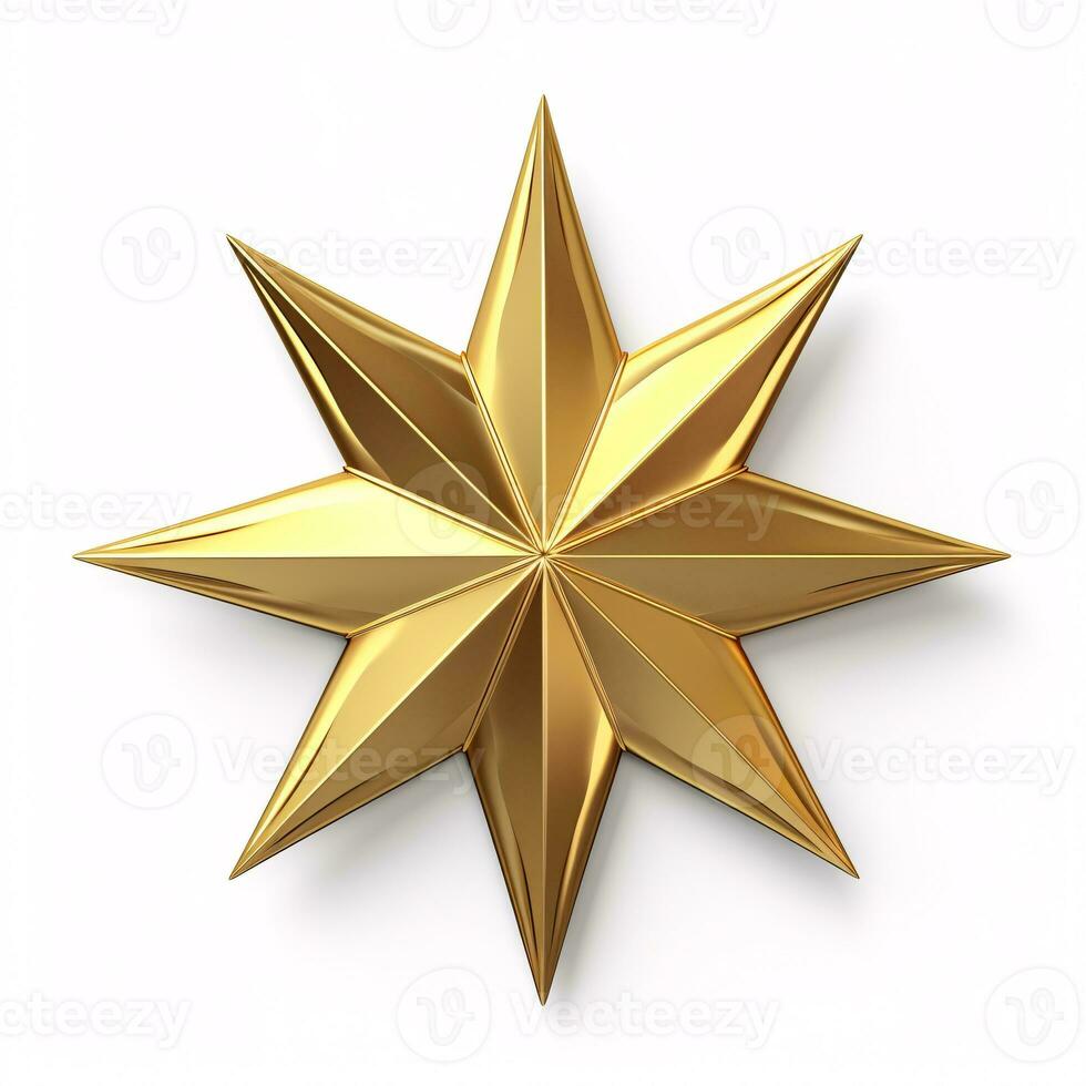 A gilded yuletide star is rendered in a closeup view on a plain white background. photo