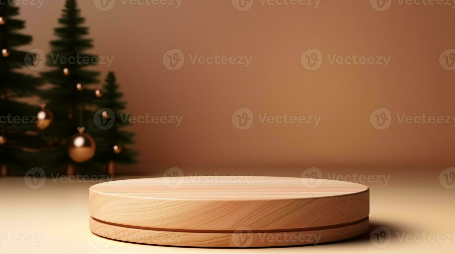 A realistic 3D minimal Christmas template with a wood podium and decorated tree on a beige background. photo